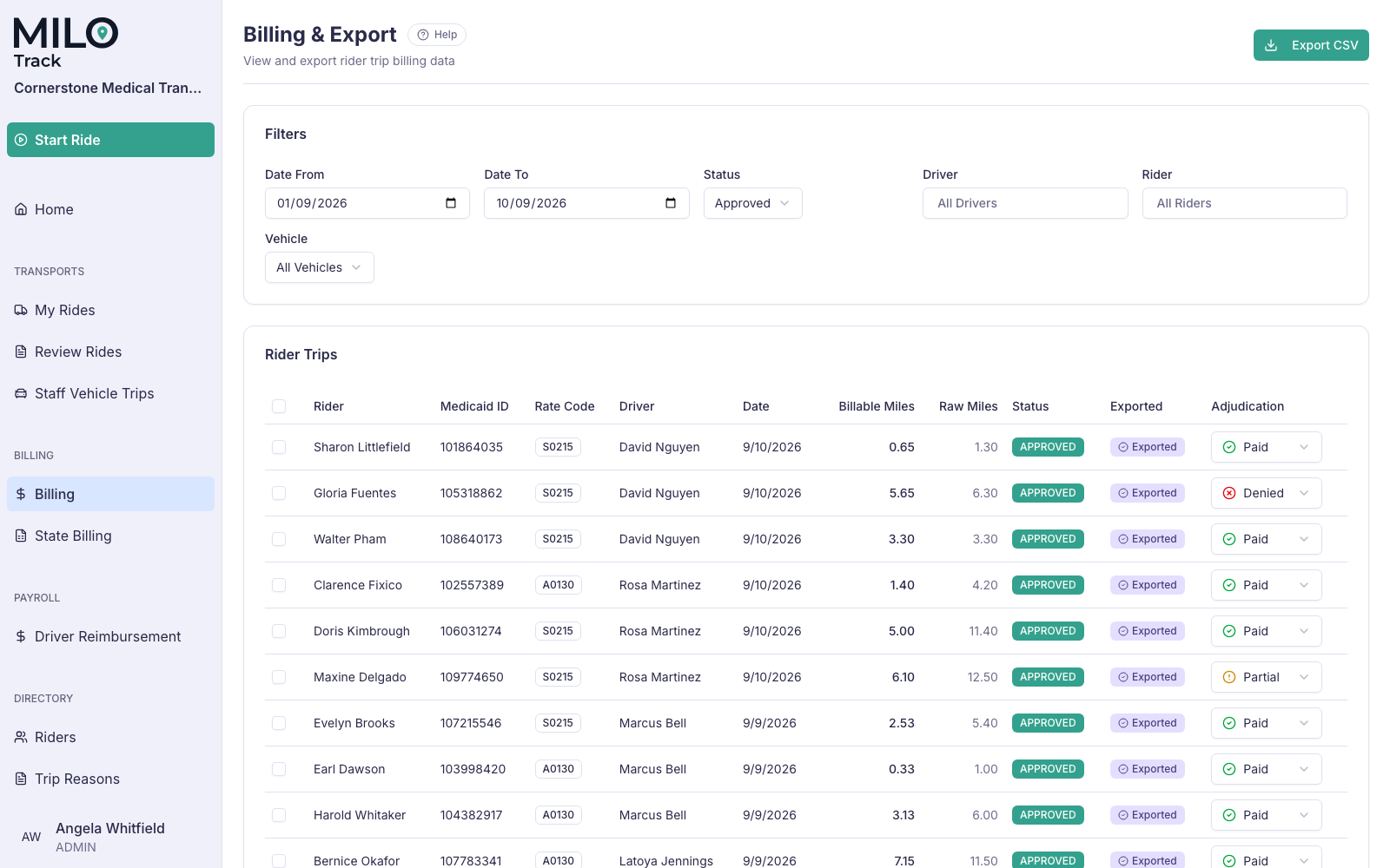 Billing export and per-rider adjudication