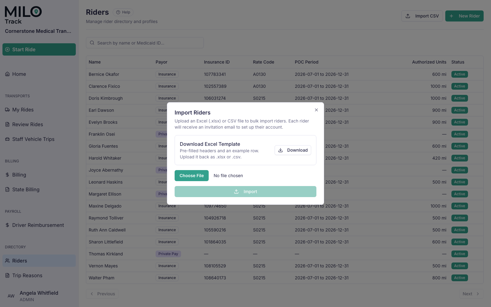 Rider bulk import dialog with the Excel template download