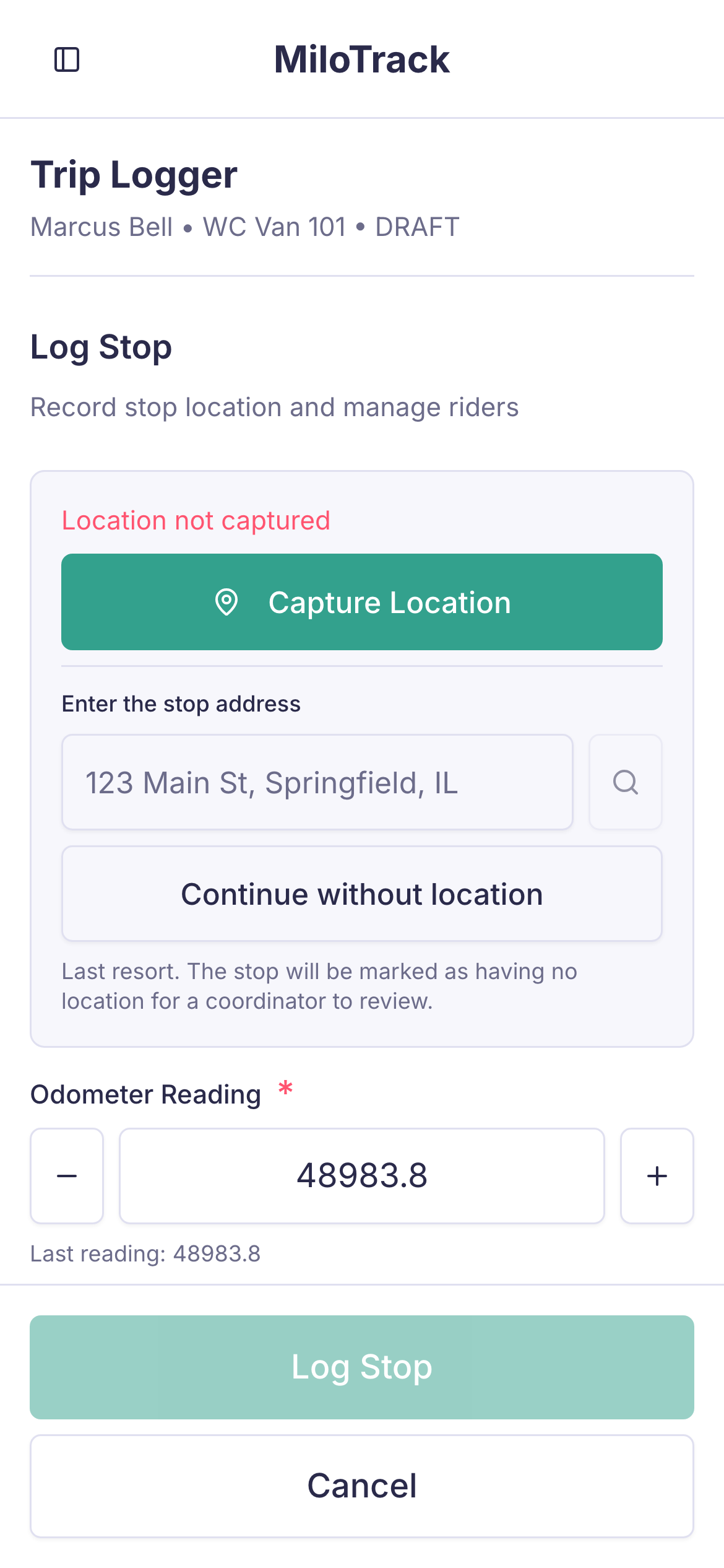 Manual address entry when GPS is unavailable