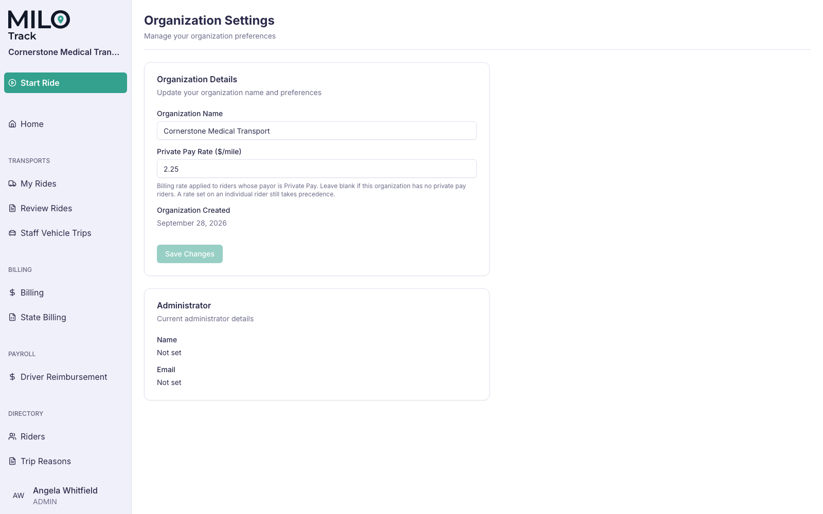 Organization settings with the private-pay rate per mile