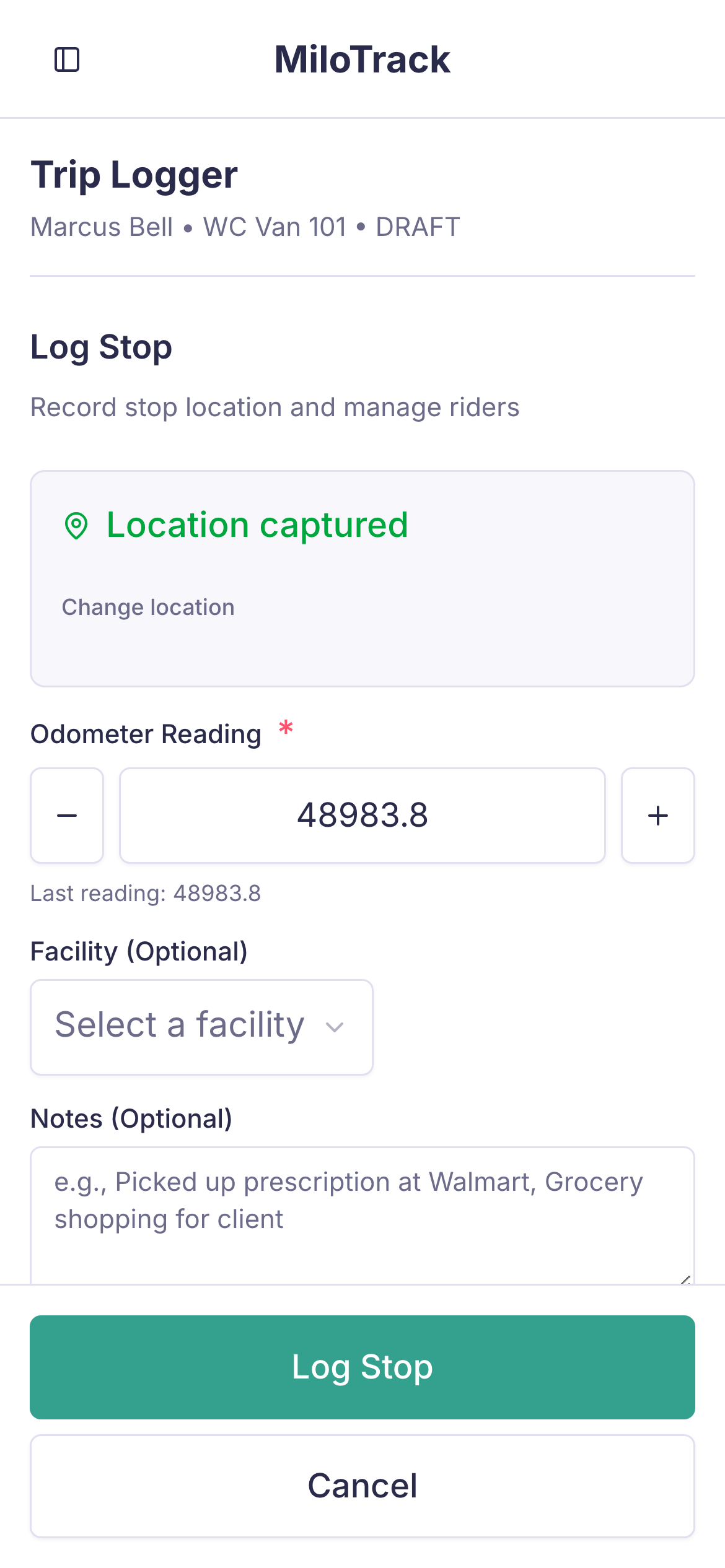 Driver logging a pickup on a phone